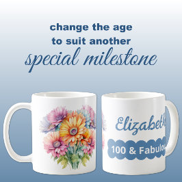 Taza De Café 100 cumpleaños nombre gerbera flores azul