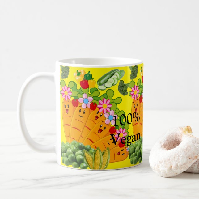 Taza De Café 100% Vegan Carrots Peas Amarilla Mug (Con donut)