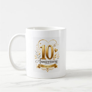 Taza De Café 10.º Aniversario 10 Años de Amor Diseño Dorado