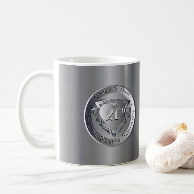 Taza De Café 10,20,25,70 aniversario Boda Silvery (Con donut)