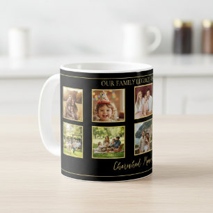 Taza De Café 10 Family Photo Collage Elegant Black and Gold Mug