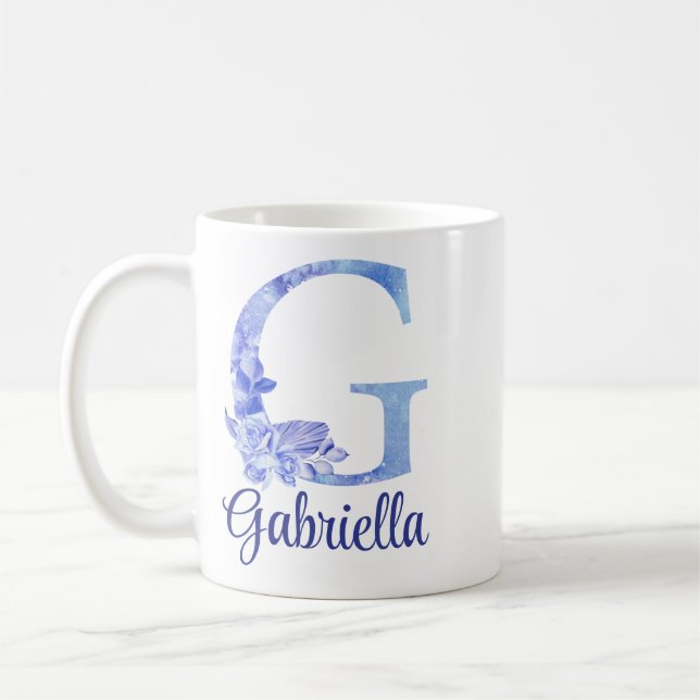 Taza De Café 11 oz Monograma Acuarela Azules y Floral (Izquierda)