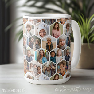 Taza De Café 12 Colaje de Fotos - patrón funky de hexágono
