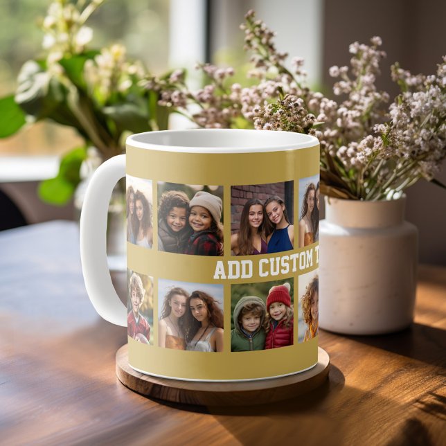 Taza De Café 12 Collage de fotos con fondo dorado (Photo mug with personalized text - makes a great gift!)