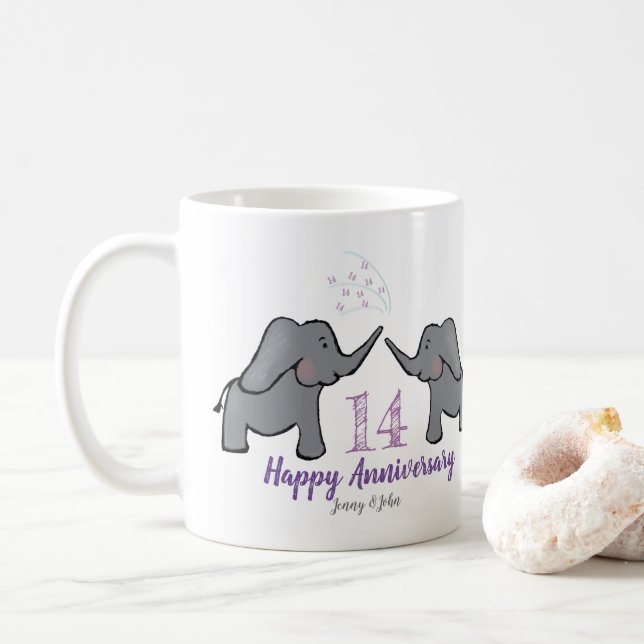 Taza De Café 14.º aniversario del boda de marfil lindo elefante (Con donut)