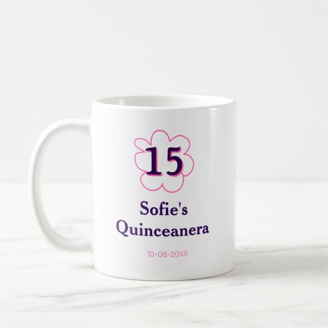 Taza De Café 15.ª quinceañera feliz cumpleaños púrpura rosa (Izquierda)