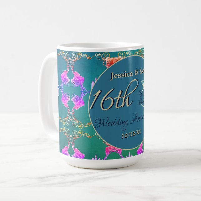 Taza De Café 16.º Aniversario Boda Cera, Estacia y Peridot (Anverso izquierdo)