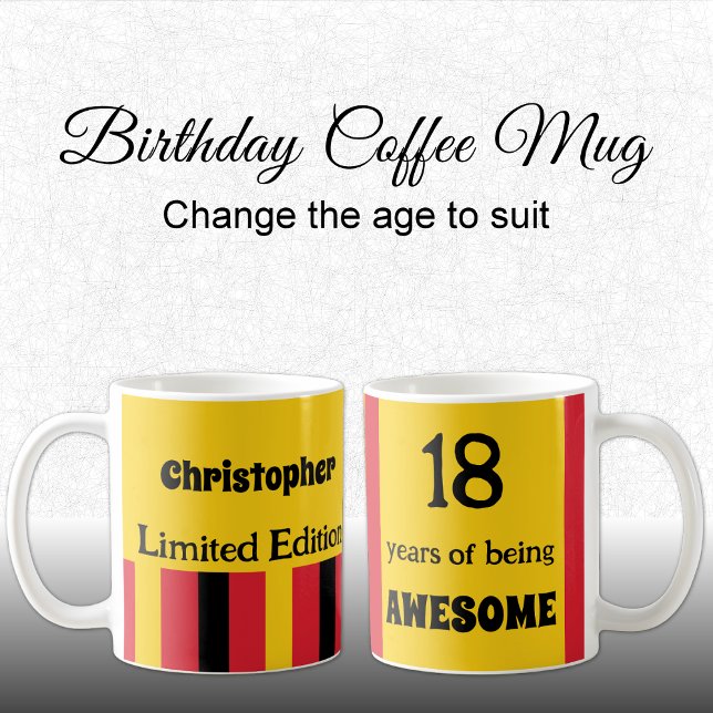 Taza De Café 18 años de ser asombroso nombre amarillo rojo (Subido por el creador)