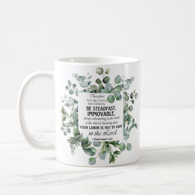 Taza De Café 1 Corintios 15:58 Inspirador Verso Eucalipto (Izquierda)