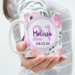 Taza De Café 21st birthday pink florals name<br><div class="desc">Romantic,  bohemian,  boho style for a 21st birthday girl. Soft,  feminine watercolored flowers in pink,  green and peach colors with green foliage on a white background.
Template for a name,  age and date,  purple letters. The age number 21 in pink.</div>