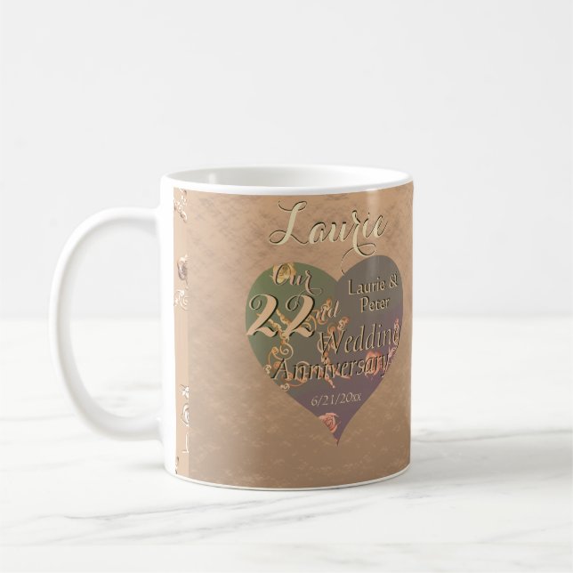 Taza De Café 22° Aniversario Boda Rosa Corazón de Corazón (Izquierda)