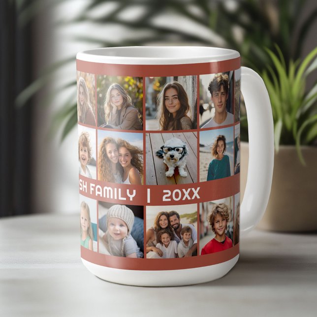 Taza De Café 24 Collage de fotos con apellido Fecha terra cotta (Custom Photo Mug)