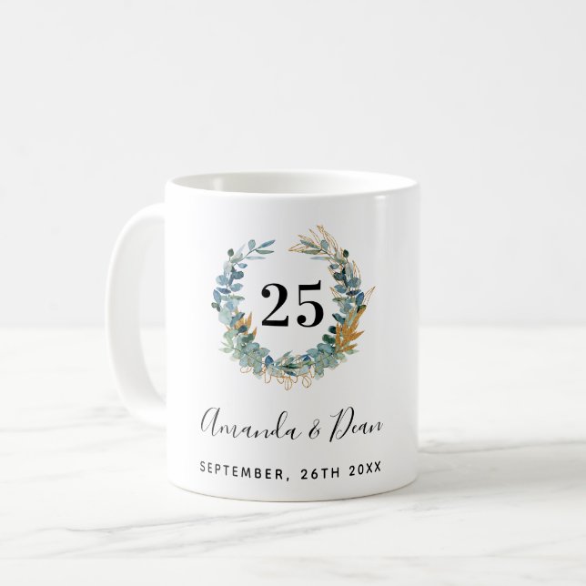 Taza De Café 25.ª corona de eucaliptos boda (Anverso izquierdo)