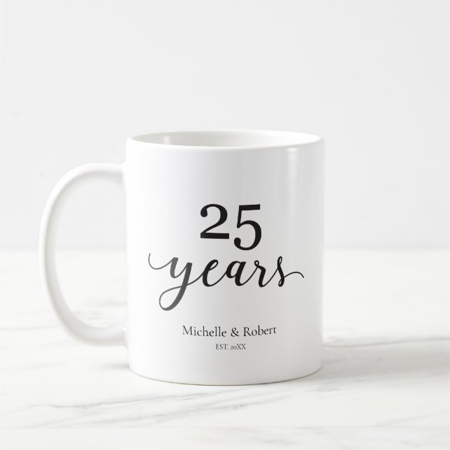 Taza De Café 25 años de boda Plata Aniversario elegante (Izquierda)