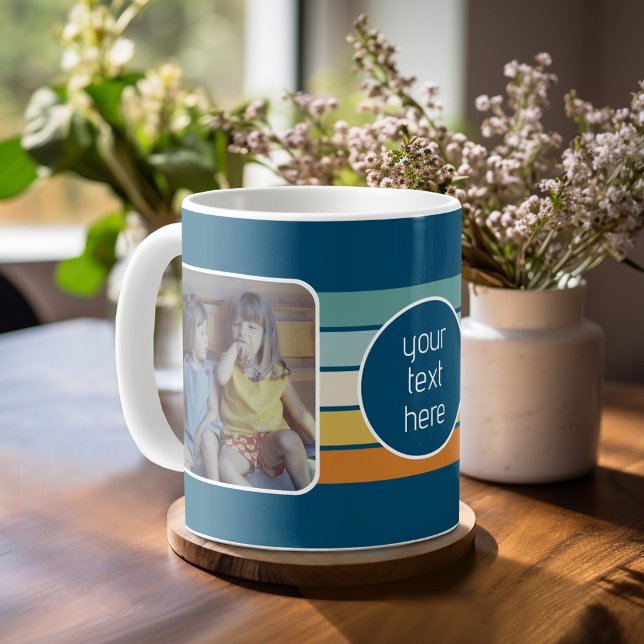 Taza De Café 2 Collage de fotos - franjas retro arco iris azul (Personalized mug template with a funky 2 photo collage and custom text)
