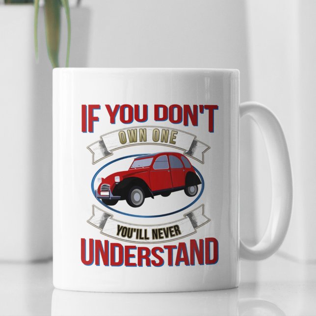 Taza De Café 2 CV Deux Chevaux Oldtimer Nunca lo entenderás (2CV Car Coffee Mug in White with a Red Blue Oldtimer illustration)