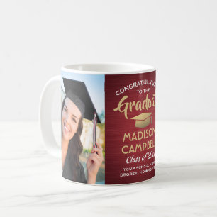 Taza De Café 2 Fotos Graduación Felicidades Burgundy Dorado Pul