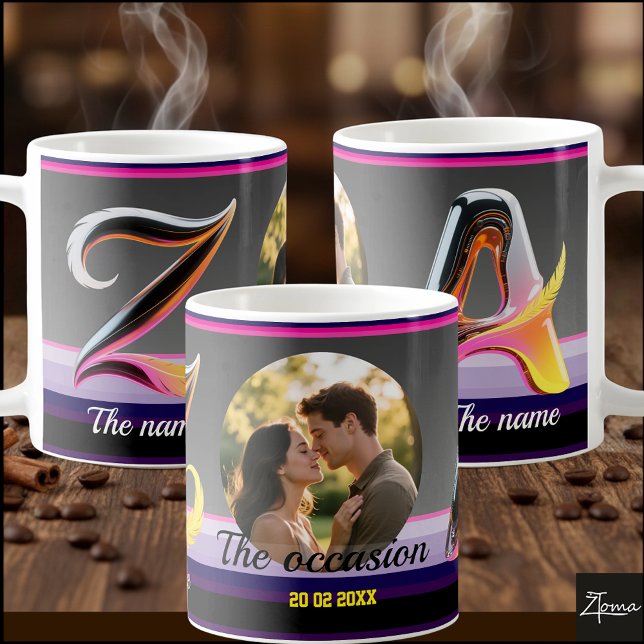 Taza De Café 2 letters, 2 names, an occasion, a picture & Date (EDIT to change the occasion, names, date, & picture & also choose from 26 decorative characters.)
