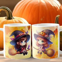 Taza De Café 2 Perra dulce adorable con escobas, Halloween