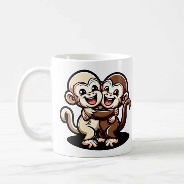 Taza De Café 2 Süße Kapuziner Äffchen umarmen sich liebevoll (Izquierda)