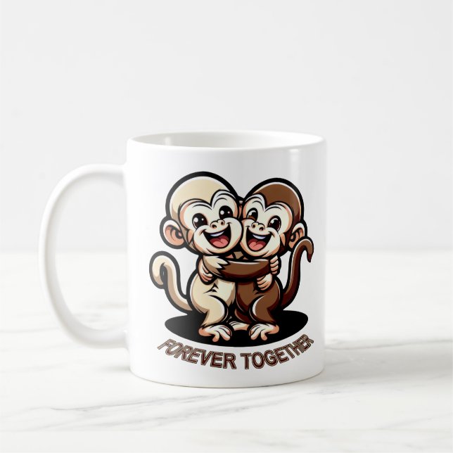 Taza De Café 2 Süße Kapuziner Äffchen umarmen sich liebevoll (Izquierda)