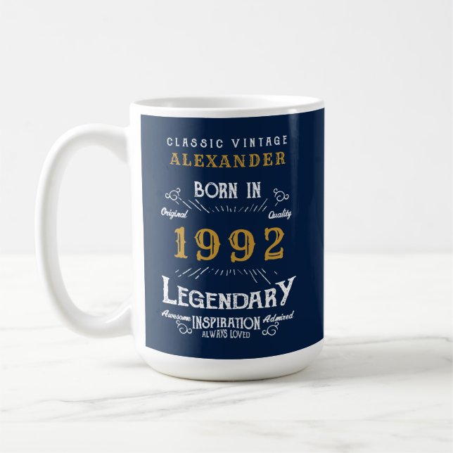 Taza De Café 30 cumpleaños 1992 Nombre Legendario Oro Azul Gran (Izquierda)