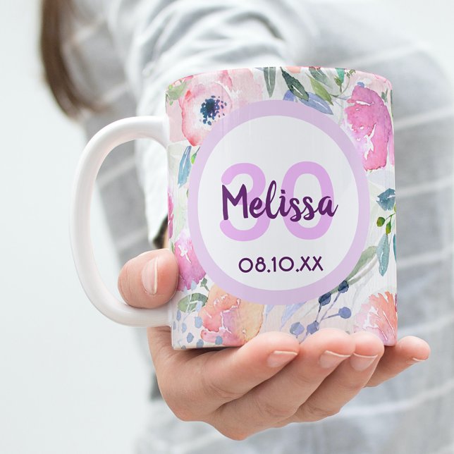 Taza De Café 30 cumpleaños moda boho flores rosadas acuáticas (Subido por el creador)