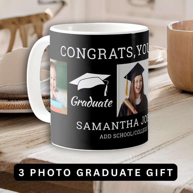 Taza De Café 3 Collage de fotos Felicitaciones Grad 2025 Negro (3 Photo Collage Congratulations Grad 2025 Black Coffee Mug)