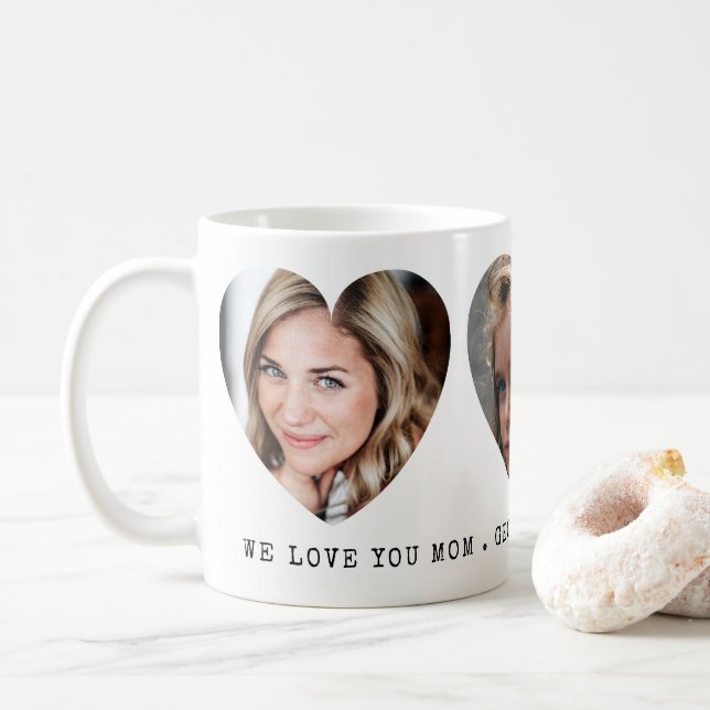 Taza De Café 3 Corazones fotográficos con mensaje personal (Con donut)