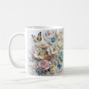 Taza De Café 3.d Patrón Floral Con Mariposas Vibrantes