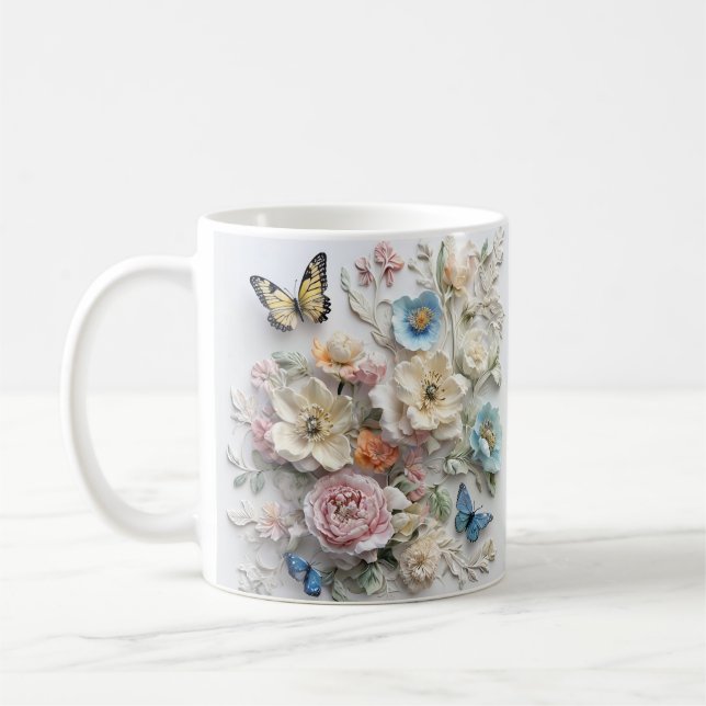 Taza De Café 3.d Patrón Floral Con Mariposas Vibrantes (Izquierda)