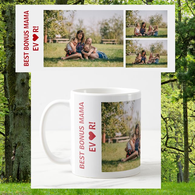 Taza De Café 3 fotos mejor Collage de fotos de bonificación de  (Best Bonus Mama Ever, heart. Photo collage, 3 personalized photos. Elegant, Modern Mother's Day gift)
