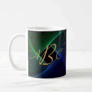 Taza De Café 3 Letra monograma inicial líneas de giro azul verd