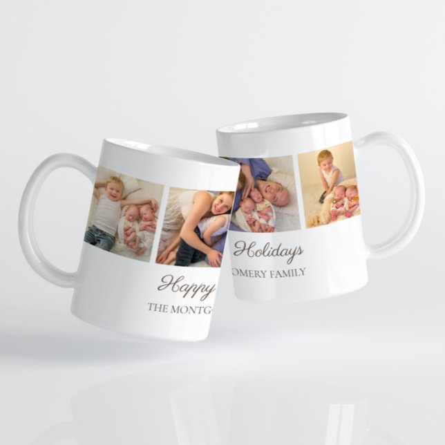 Taza De Café 3 Navidades Felices Fiestas de Collage de fotos Fa (3-photo "Happy Holidays" Christmas photo mug with custom text.)