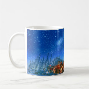 Taza De Café 3d ilustracion de pequeño pueblo alpino al amanece