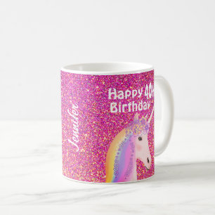 Taza De Café 40.ª Purpurina rosa de cumpleaños Unicorn personal