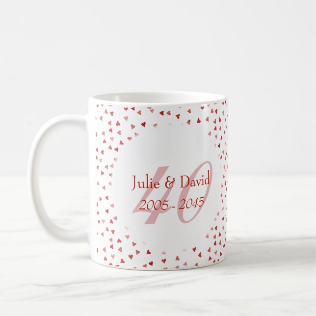 Taza De Café 40.º Aniversario del Boda Ruby Hearts Confetti (Izquierda)