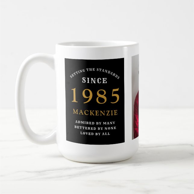 Taza De Café 40.º cumpleaños 1985 Oro negro Añadir nombre foto  (Izquierda)