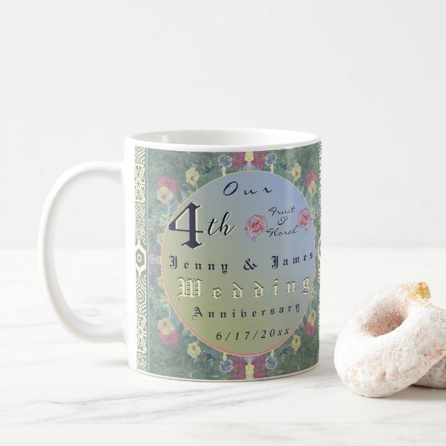 Taza De Café 4.ª floral de aniversario Boda (Con donut)