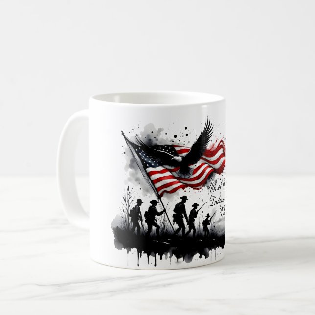 Taza De Café 4 de julio Arte Patriótico con bandera y soldados (Anverso izquierdo)