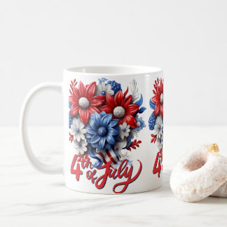 Taza De Café 4 de julio Flores en blanco rojo y azul patriótico