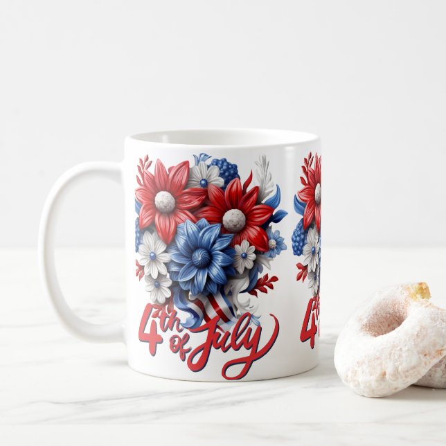 Taza De Café 4 de julio Flores en blanco rojo y azul patriótico (Con donut)