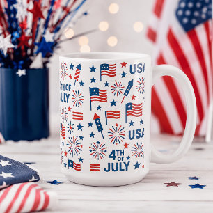 Taza De Café 4 de Julio 🇺🇸   Fuegos Artificiales, Estrellas y