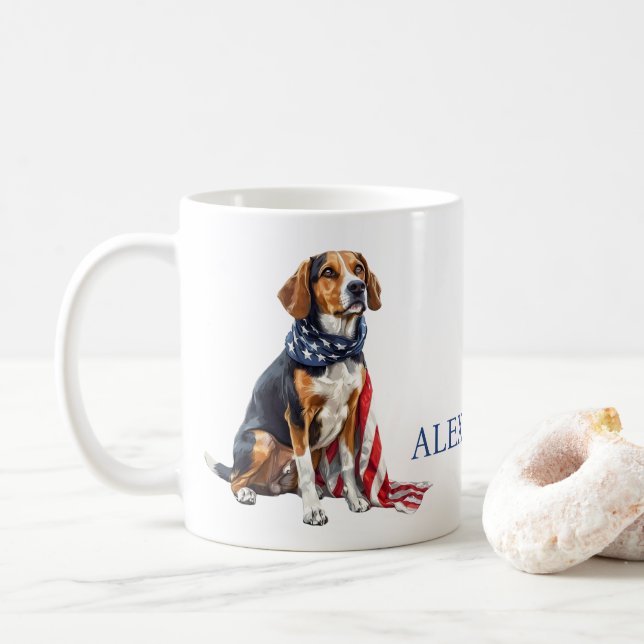 Taza De Café 4 de julio Patriótico Hound Dog Personalizado (Con donut)