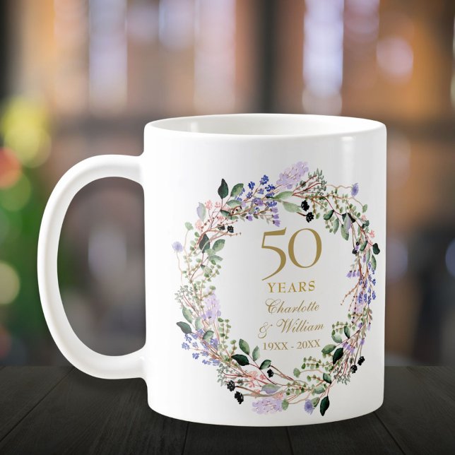 Taza De Café 50.º aniversario Boda Floral Lavanda Garland (50th Wedding Anniversary Floral Lavender Garland Coffee Mug)