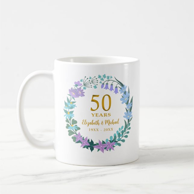 Taza De Café 50.º Aniversario del Boda Dorado Bluebells Wreath (Izquierda)