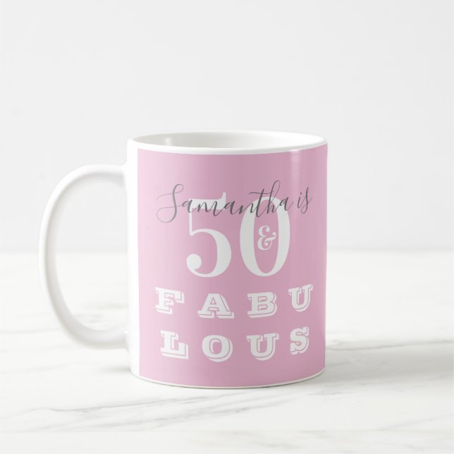 Taza De Café 50.º cumpleaños 50 Gris rosa fabuloso personalizad (Izquierda)