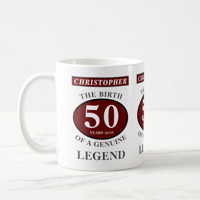 Taza De Café 50.º cumpleaños Leyenda Roja Genuina Añadir tu nom (Izquierda)
