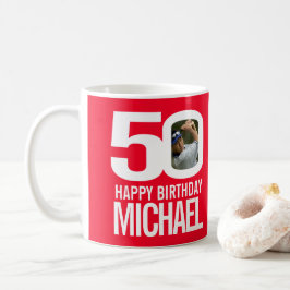 Taza De Café 50.º nombre de foto de personalizado blanco rojo