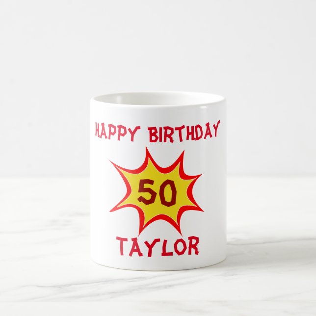 Taza De Café 50.º tema de superhéroe de cumpleaños (Centro)